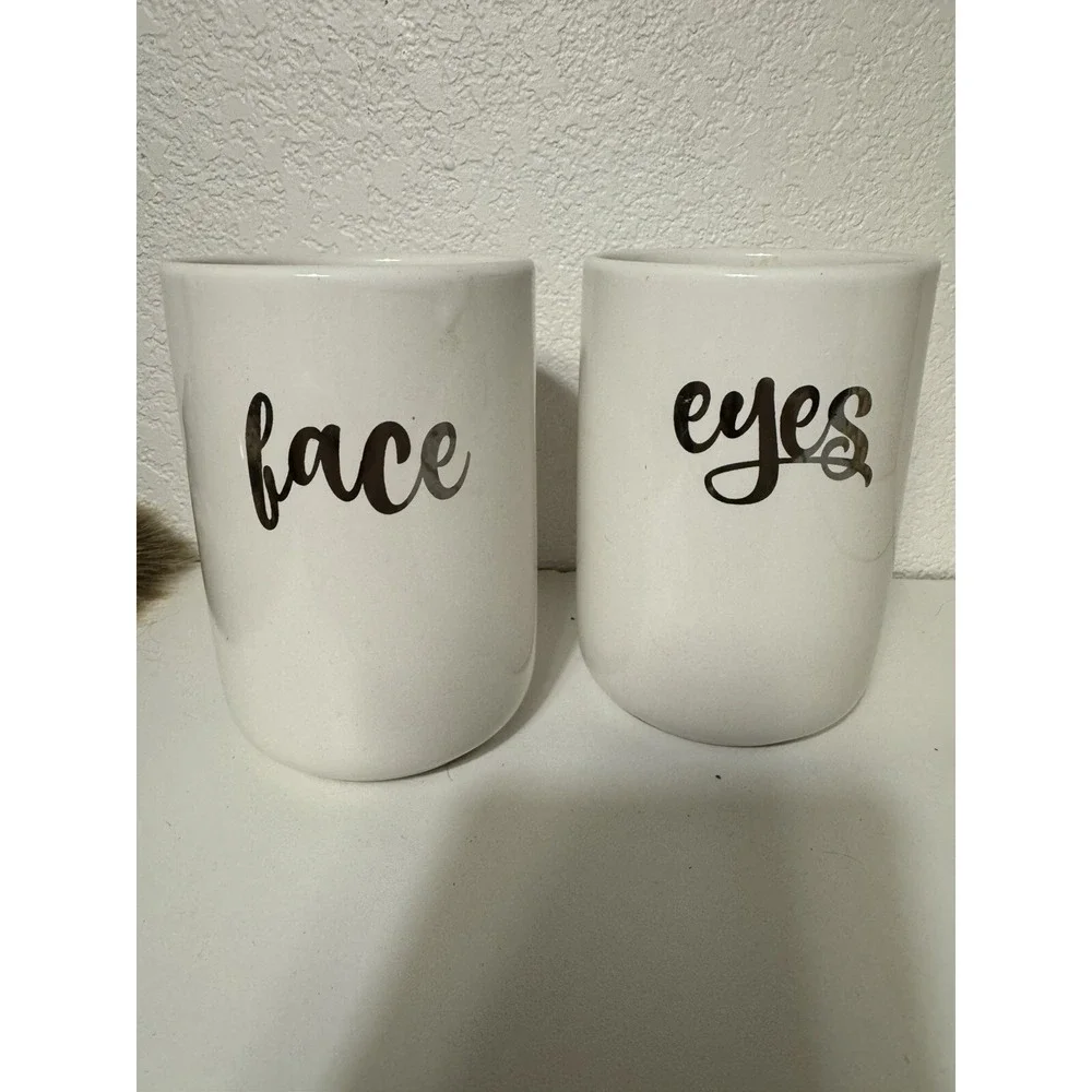 Make Up Brush‎ Holder White Glass With Silver Face Eyes 5